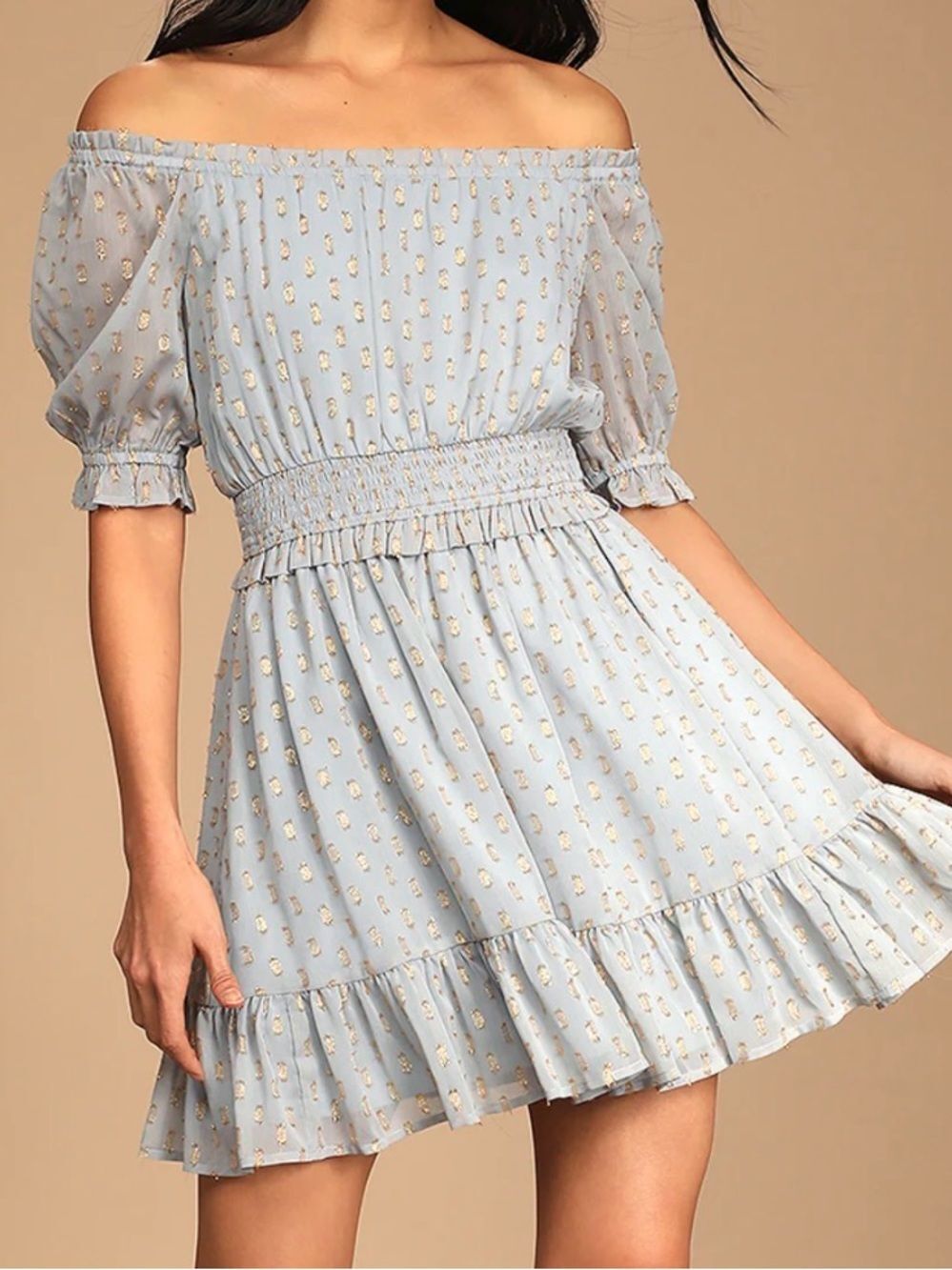 Lulus Women’s Touch of Glam Dusty Blue Dotted Off-the-Shoulder Mini Dress Size L